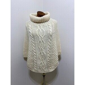 Saol Aran Cowl Neck Knit Poncho for Women, 100% Premium Quality Merino Wool Wrap